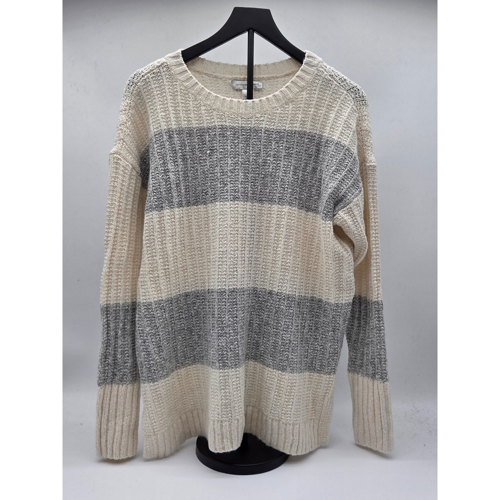 Christopher & Banks L Cream Gray Striped Crewneck Knit Sweater NWT 101-838